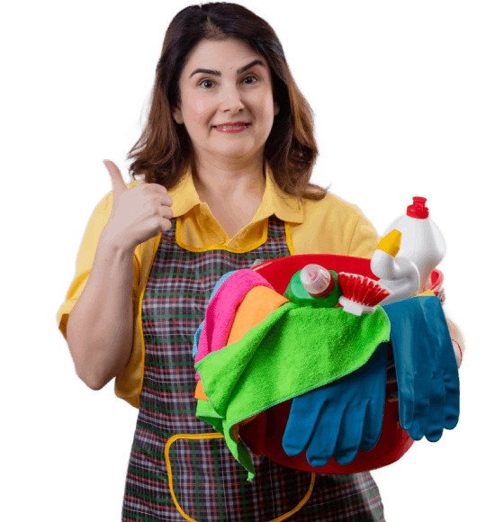 Middle aged woman wearing apron holding bucket