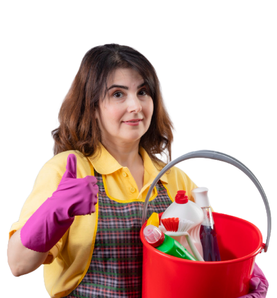 Middle aged woman wearing apron and rubber gloves