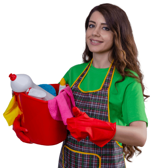 Woman with long wavy hair in apron and gloves holding bucket