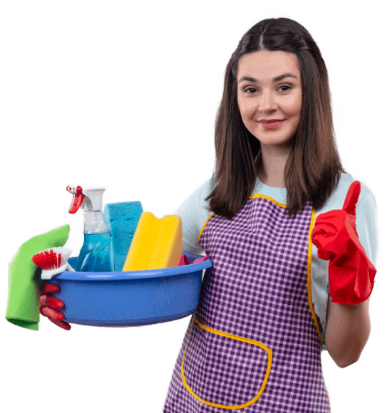 Young beautiful girl in apron and rubber gloves holding basins