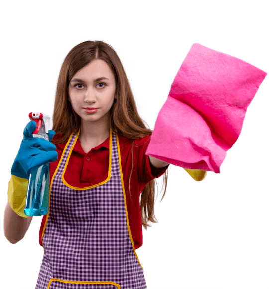Young beautiful girl in apron and rubber gloves holding cleaning spray