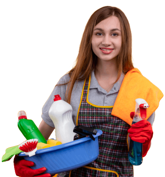 Young beautiful girl in apron and rubber gloves