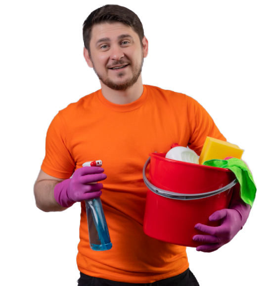 Young man wearing orange t-shirt and rubber gloves holding bucket s (1)