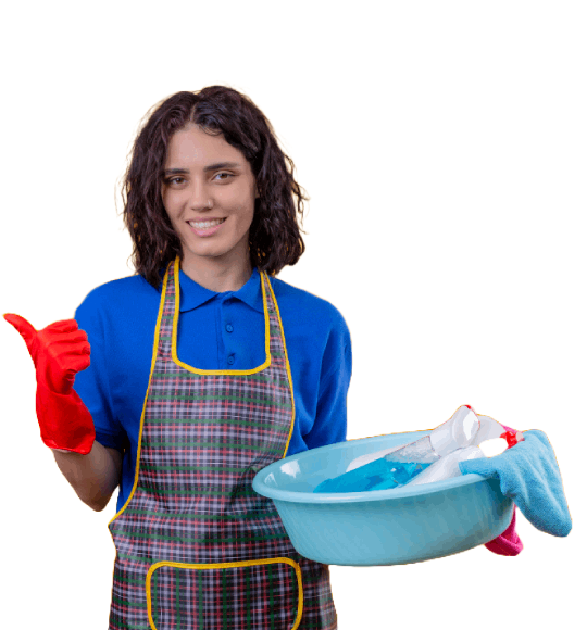 Young woman wearing apron and rubber gloves holding basin
